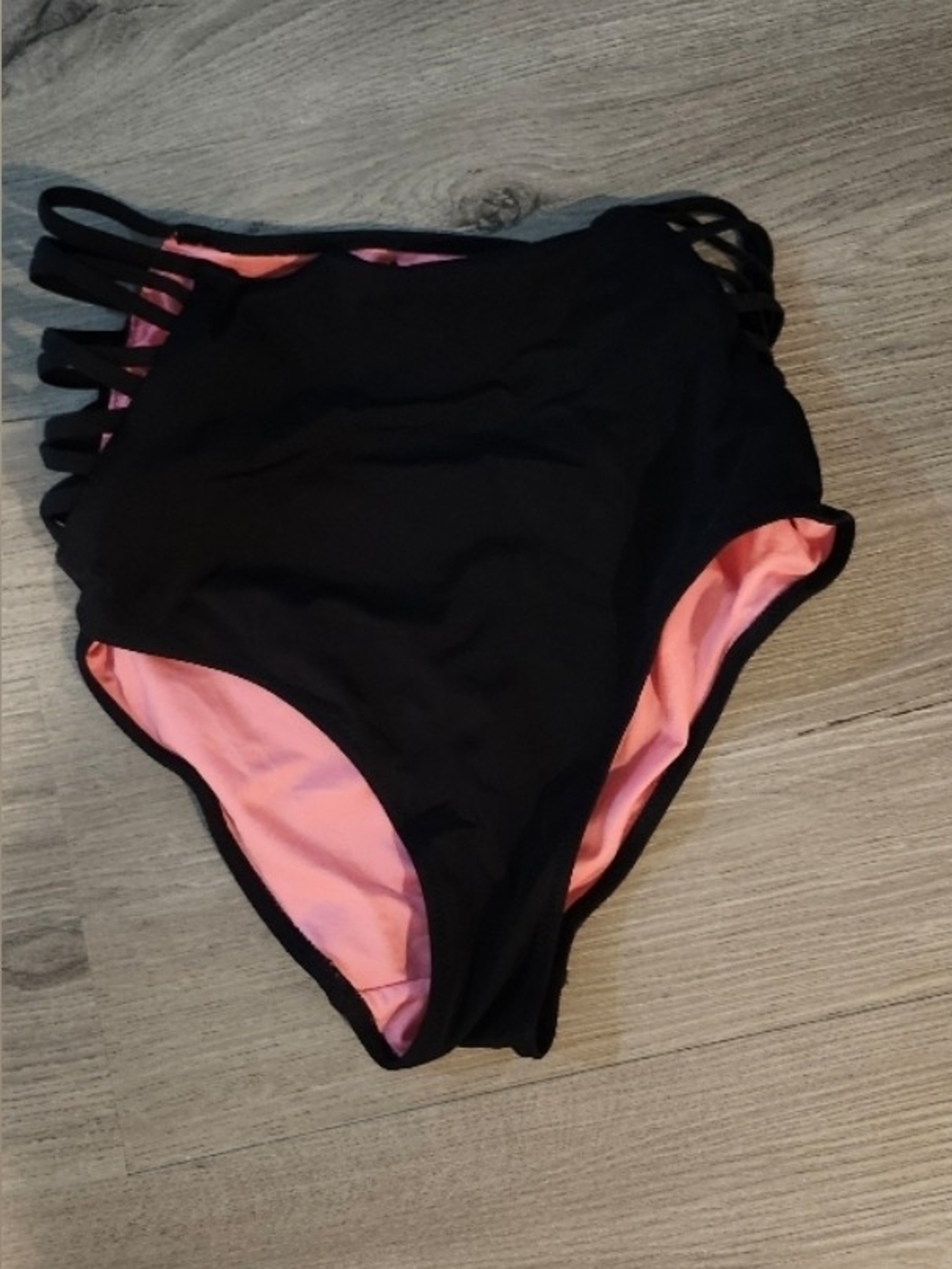 PINK Victoria's Secret Black High-Waist Bikini Bottoms with Pink Lining